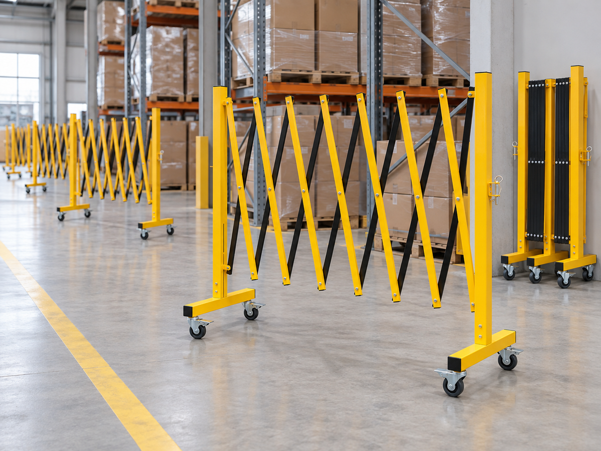 Illustrative warehouse scene with multiple yellow and black expandable metal barriers