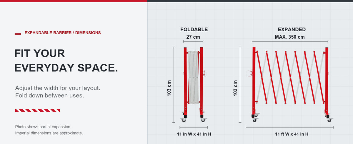 Expand to Fit. Fold to Store. — GYMTIME 11-foot Red and White expandable barricade