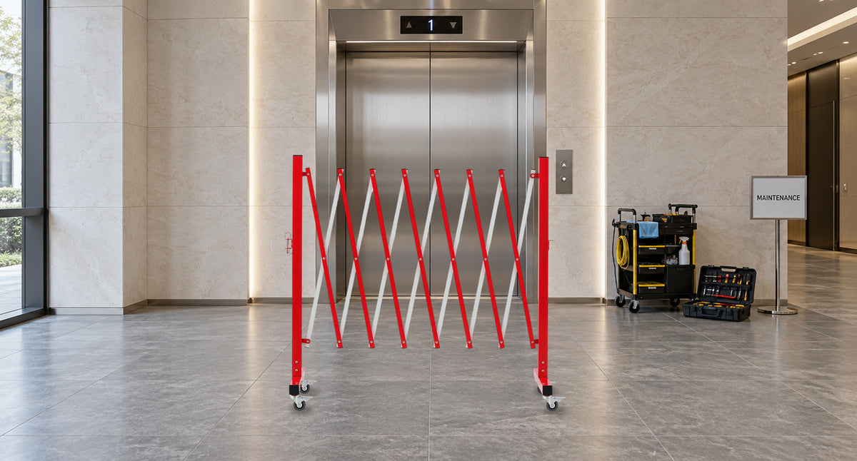 Make Elevator Maintenance Clearly Visible — GYMTIME 11-foot Red and White expandable barricade