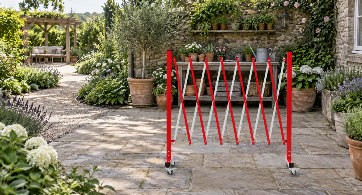 Define a Space for Garden Tasks — GYMTIME 11-foot Red and White expandable barricade