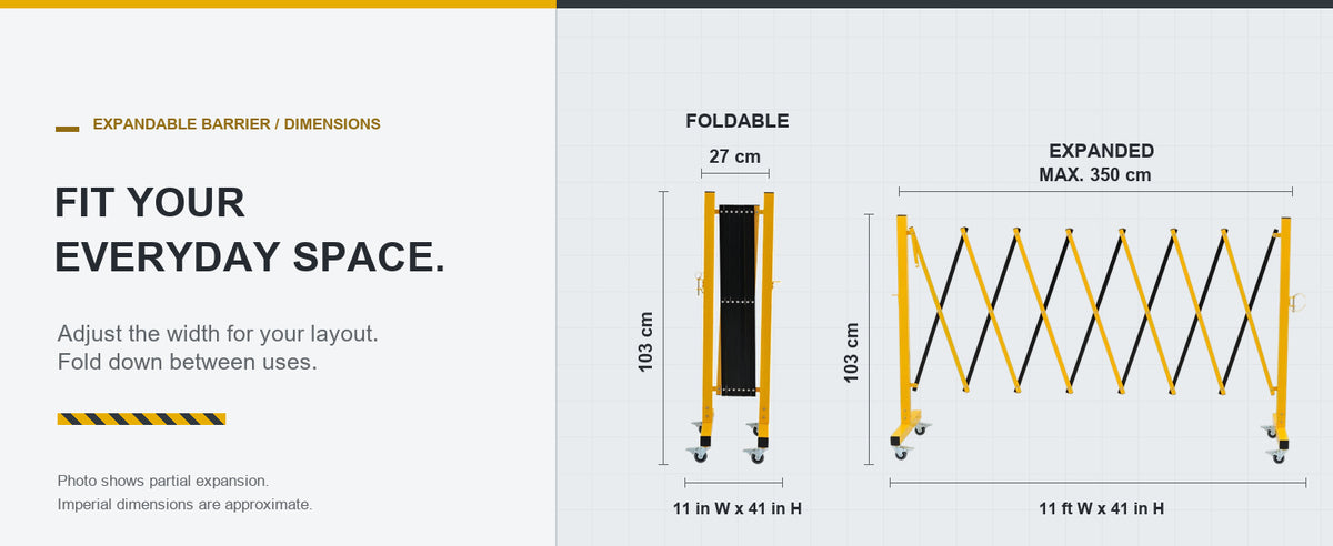 Expand to Fit. Fold to Store. — GYMTIME 11-foot Yellow and Black expandable barricade