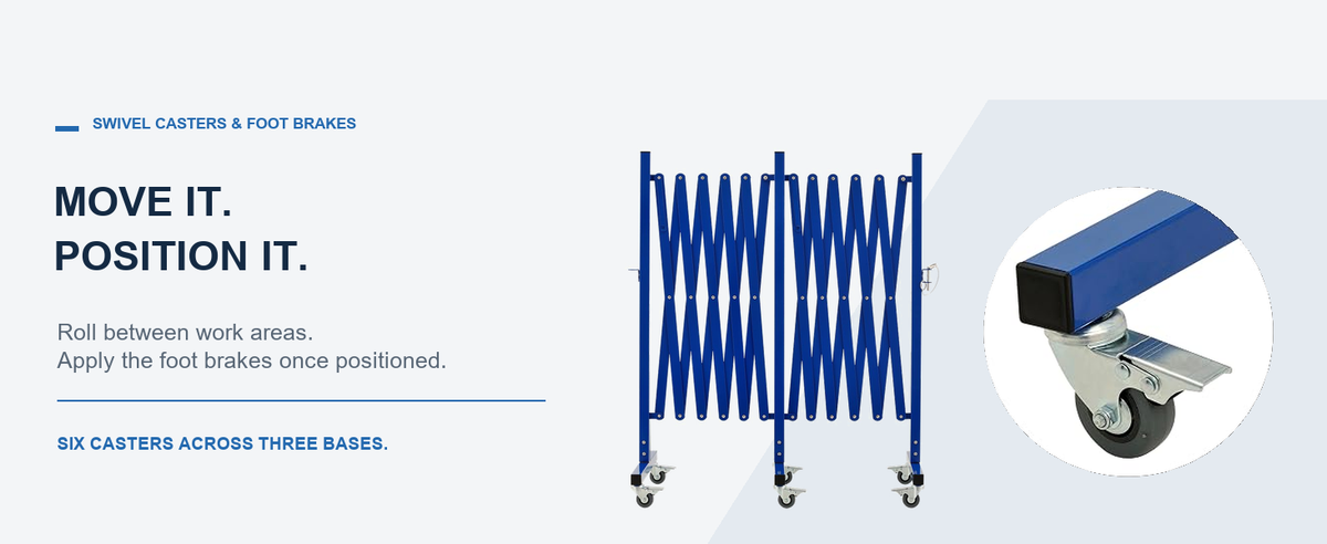 QUIET ROLLING. EASY POSITIONING. — GYMTIME Blue expandable barricade