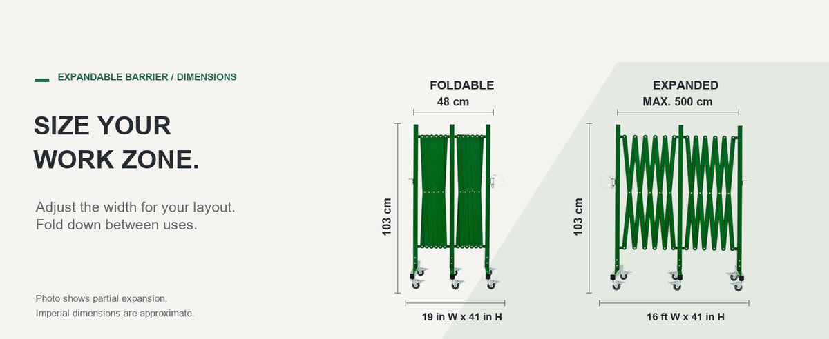 SIZE YOUR WORK ZONE. — GYMTIME Green expandable barricade