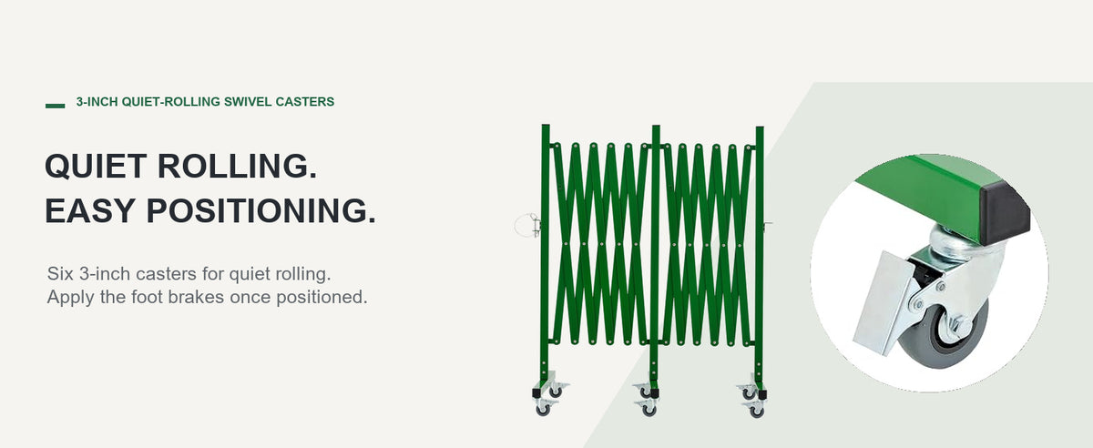 QUIET ROLLING. EASY POSITIONING. — GYMTIME Green expandable barricade