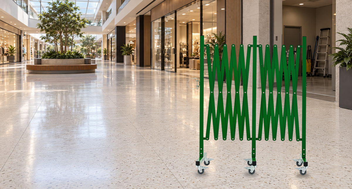 SEPARATE SERVICE AREAS. KEEP WALKWAYS OPEN. — GYMTIME Green expandable barricade
