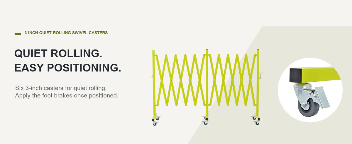 QUIET ROLLING. EASY POSITIONING. — GYMTIME Matte Yellow expandable barricade