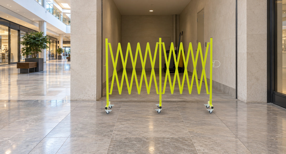 SEPARATE SERVICE AREAS. KEEP WALKWAYS OPEN. — GYMTIME Matte Yellow expandable barricade