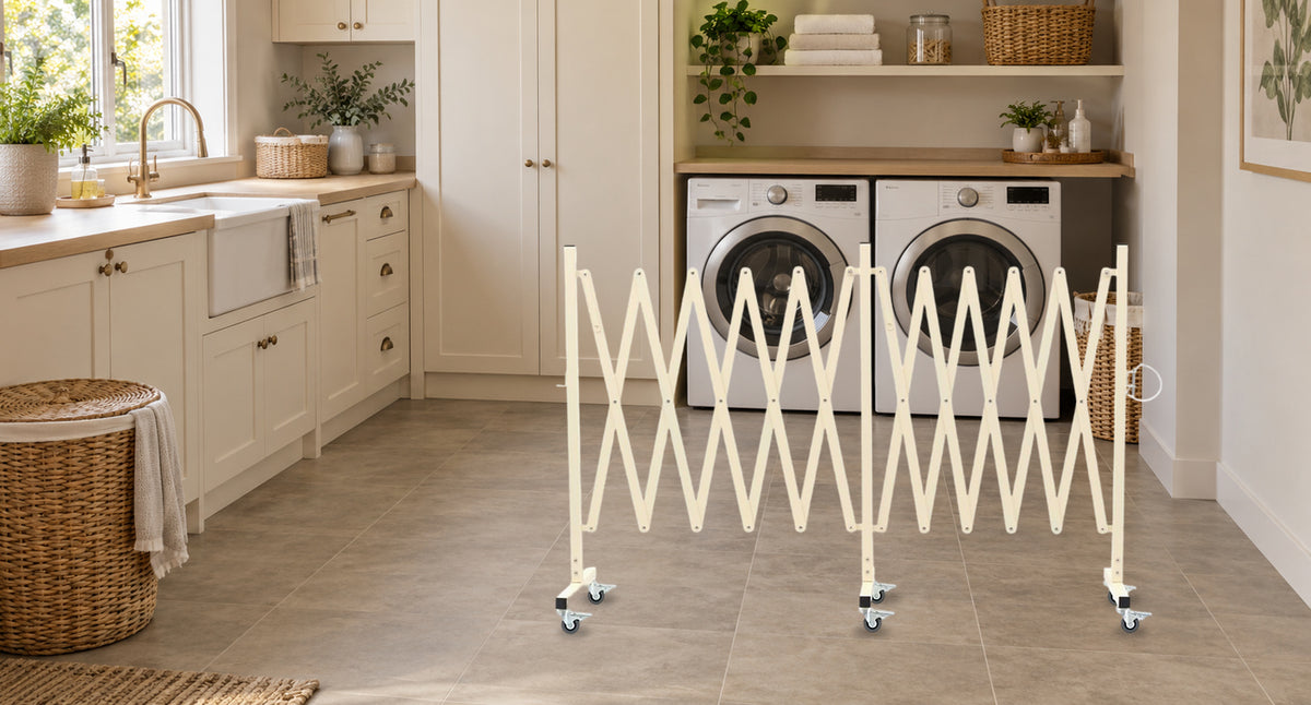 Define Your Laundry Work Area — GYMTIME Beige expandable barricade