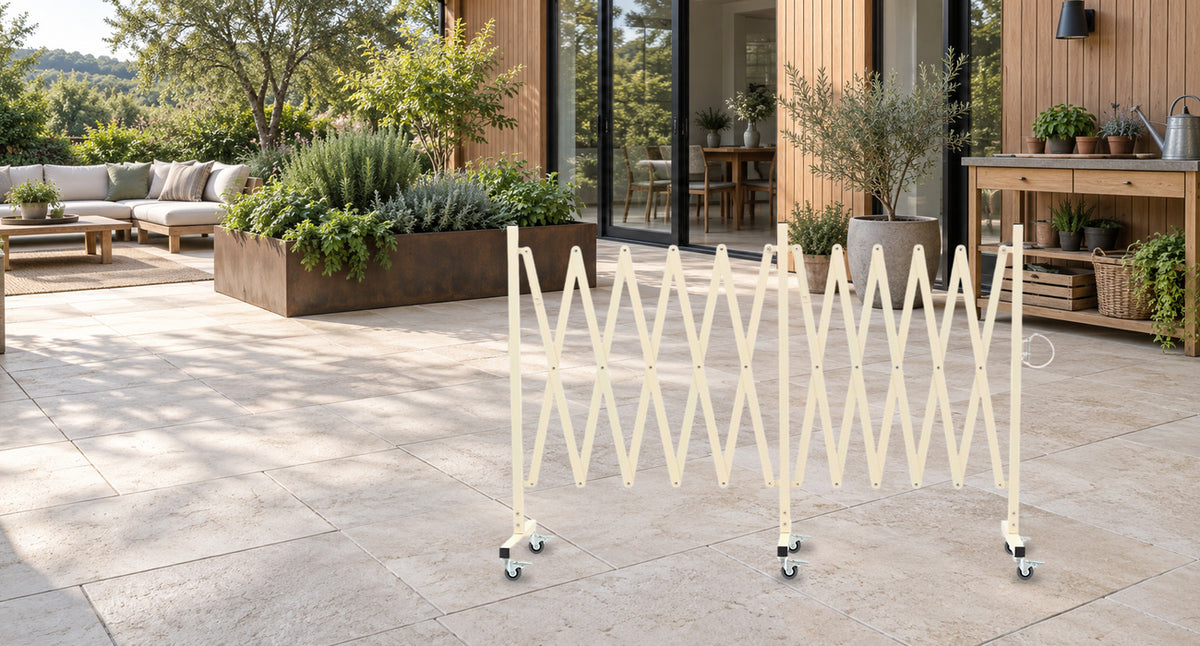 Flexible Boundaries for Patio Living — GYMTIME Beige expandable barricade