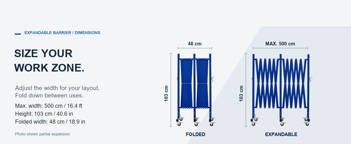 Blue expandable barrier dimensions: maximum width 500 cm / 16.4 ft, height 103 cm / 40.6 in, folded width 48 cm / 18.9 in.