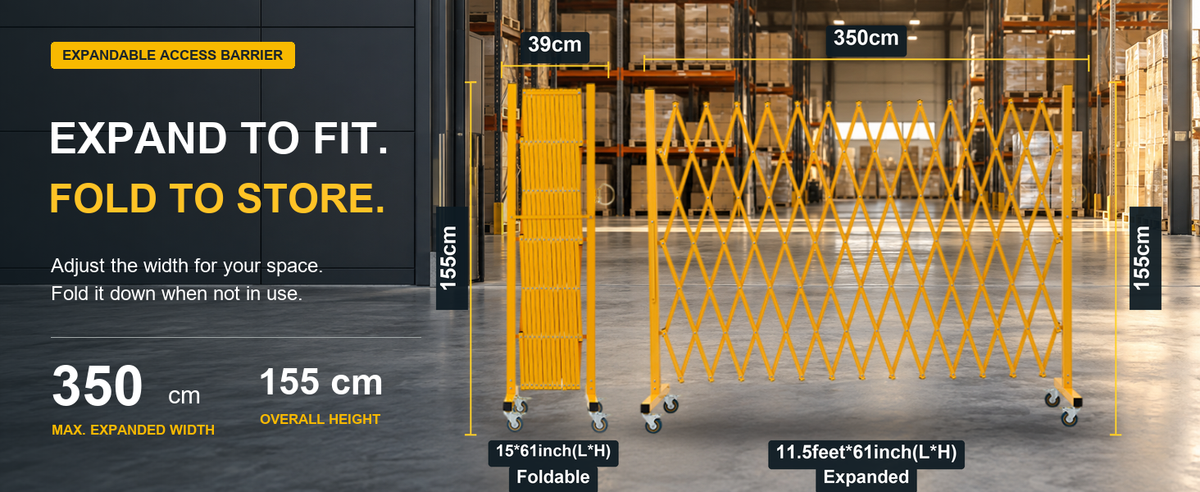 Yellow expandable barricade, 350 cm expanded width, 155 cm height and 39 cm folded width.