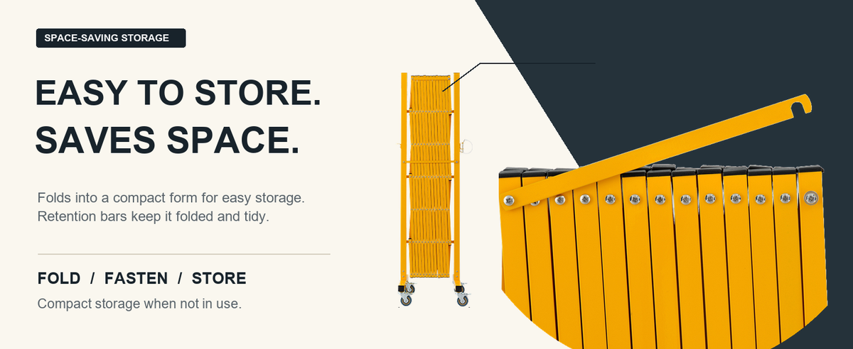 Folded yellow barricade and retention bar for compact storage.