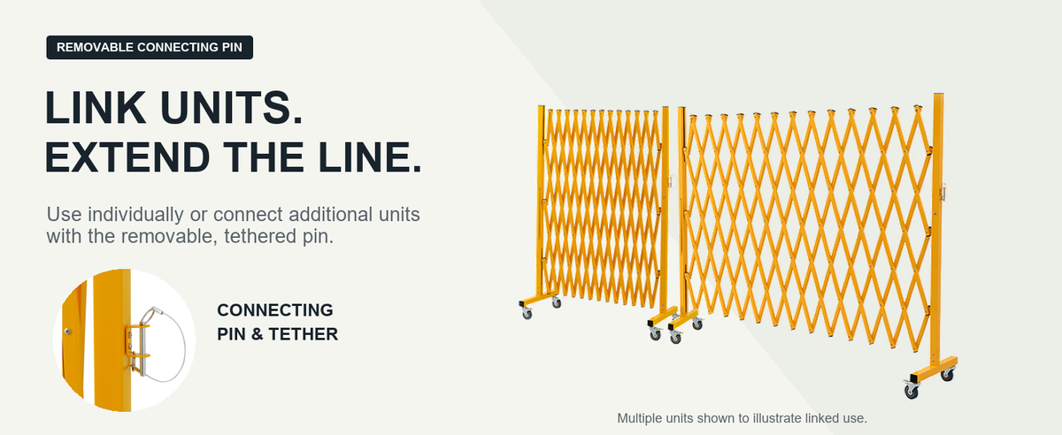 Compatible yellow barricades linked using a tethered connecting pin; multiple units shown.