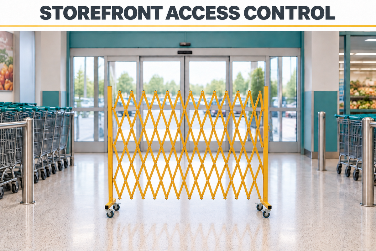 Yellow barricade defining access at a retail store entrance.