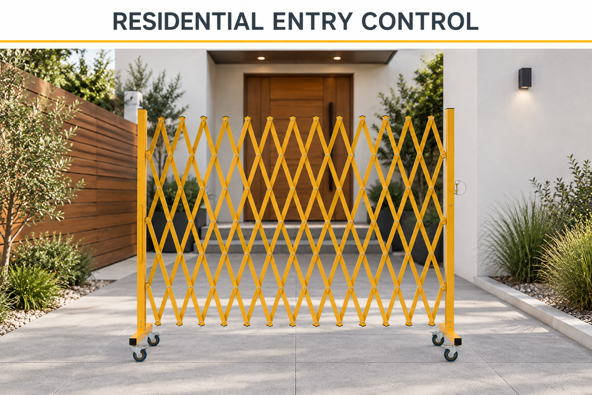 Yellow barricade defining a residential entryway.