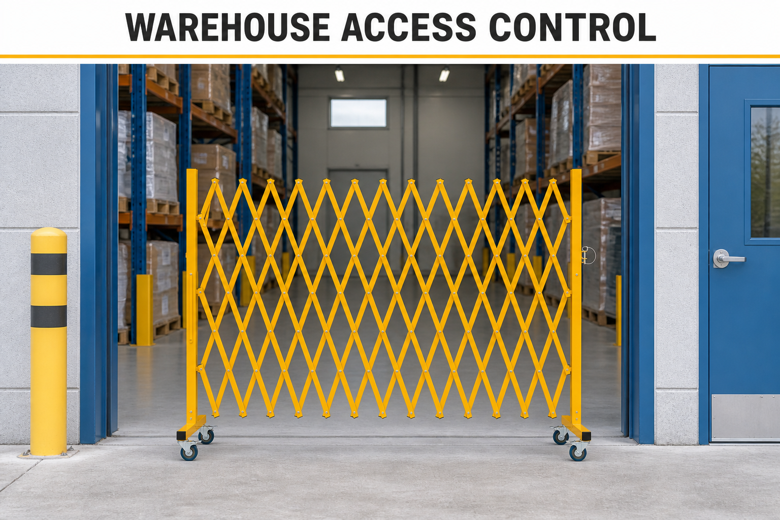 Yellow expandable metal barrier at a warehouse entrance